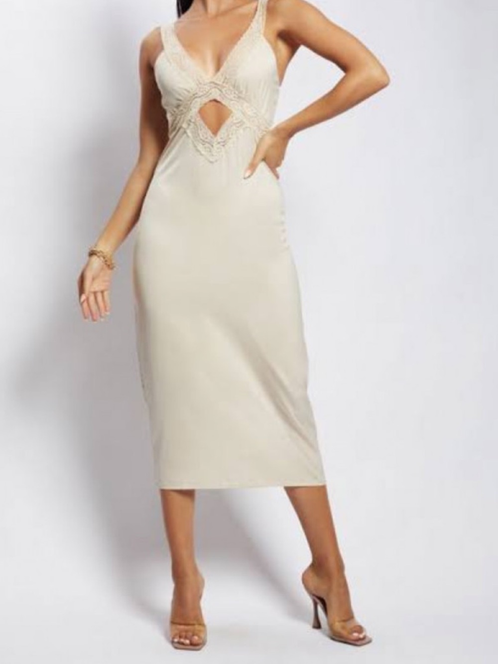 Meshki Cream Lace-Detail Midi Dress